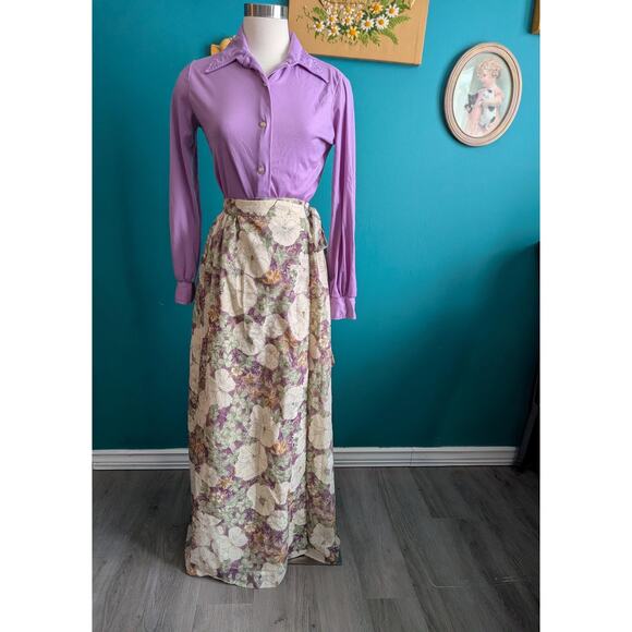 Vintage Dresses & Skirts - Vintage 70s Floral Maxi Skirt Wrap Style Lightweight Romantic Retro Boho